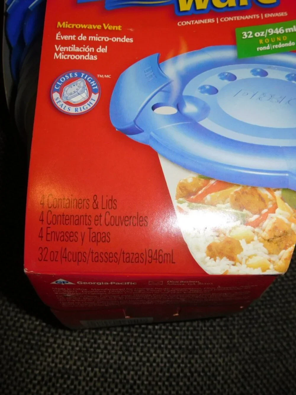 Dixie Ware 4 Count Pack Plastic Food Containers Microwave Vent 32 oz round NEW